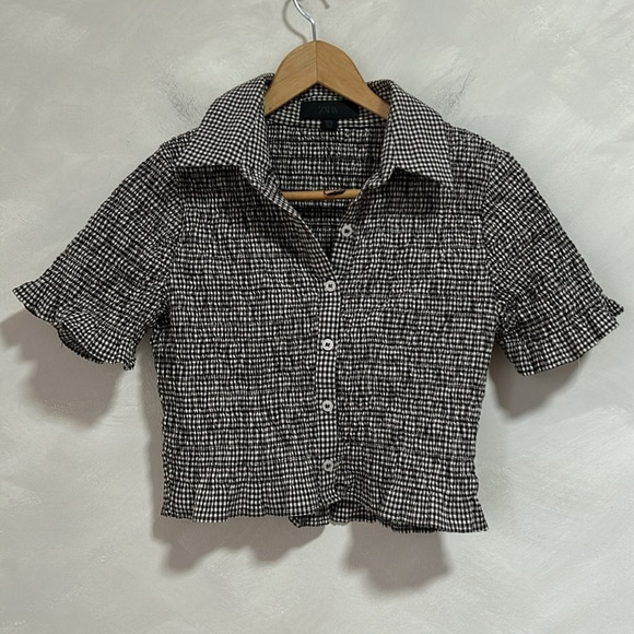 Zara Gingham Crop Shirt brown ruched shirred size large - Picture 4 of 7